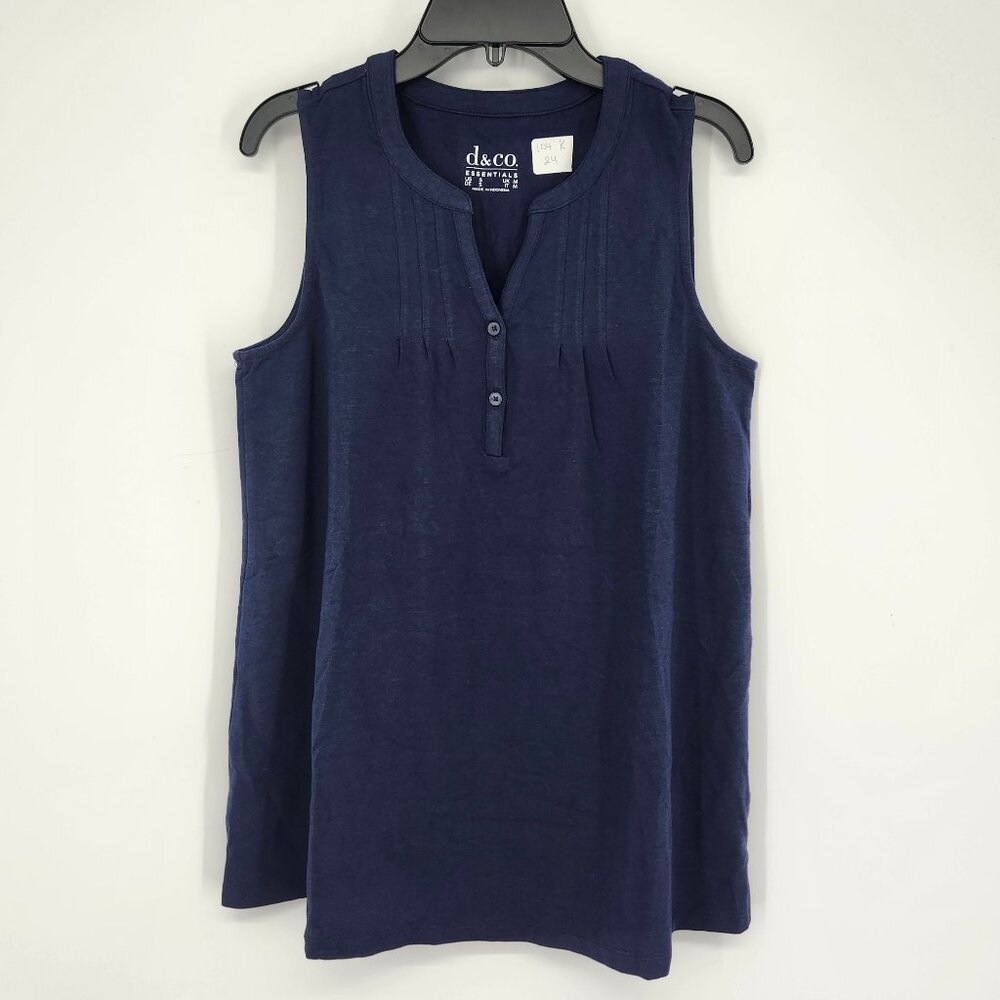D & Co. Essentials Womens Sleeveless Pintuck Henley Tank Top Navy Small NWOT